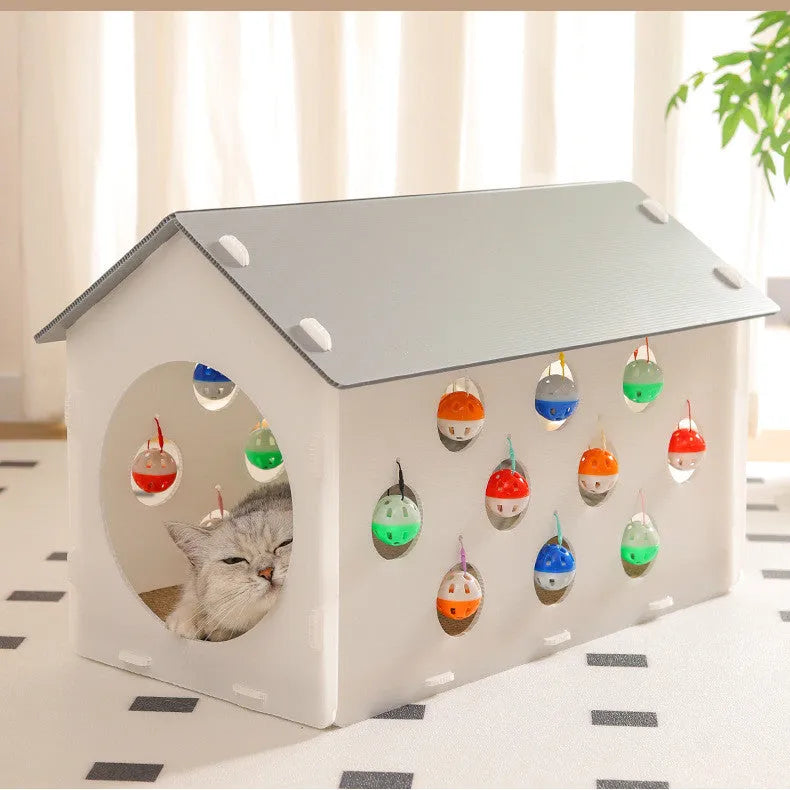 Integrated plastic cat scratch board house with a bell ball toy and connecting tunnel.