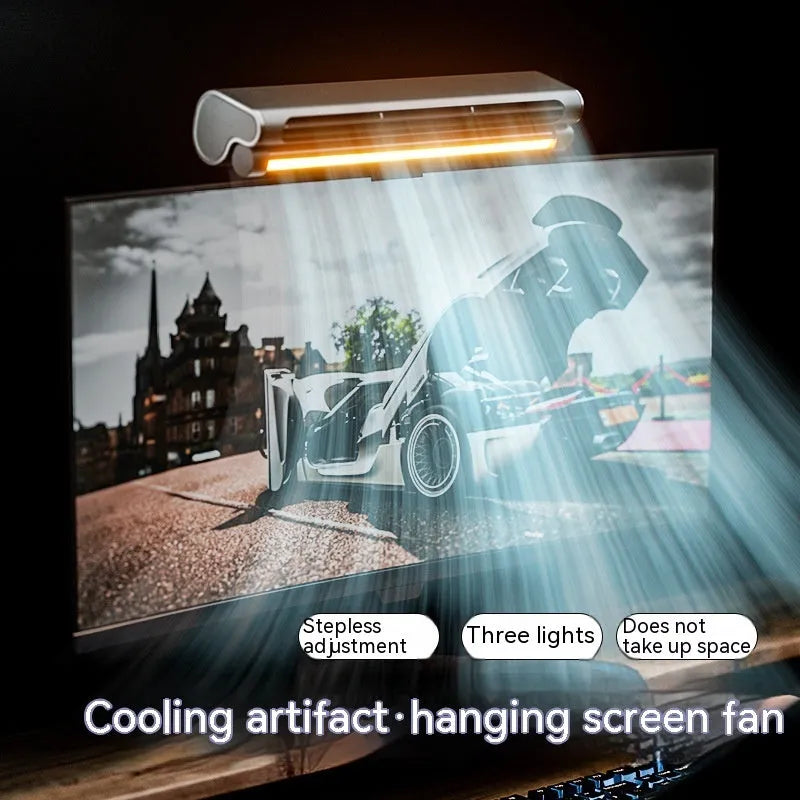 Black bladeless USB fan with lighting lamp and laptop screen clip attachment for computer cooling