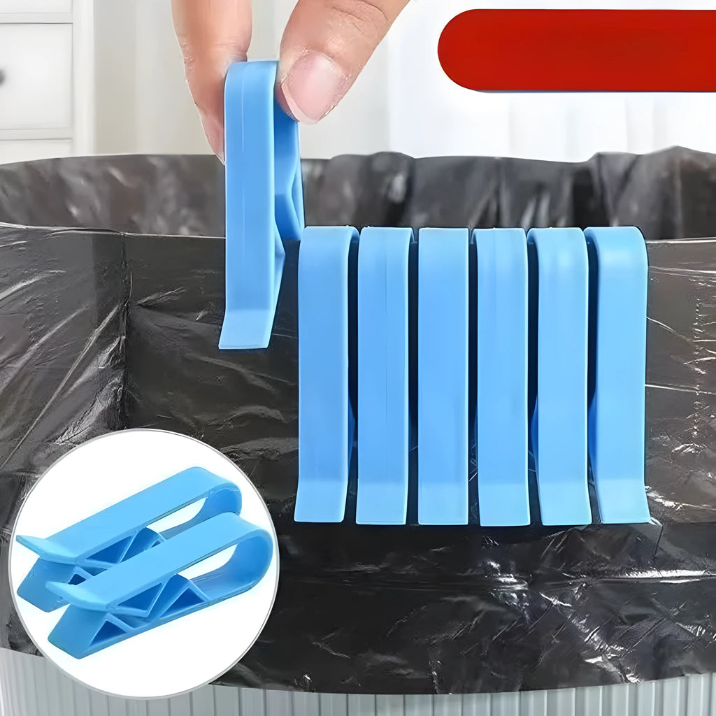 Grey PP plastic garbage bag fixing clip attached to bin side holding liner securely