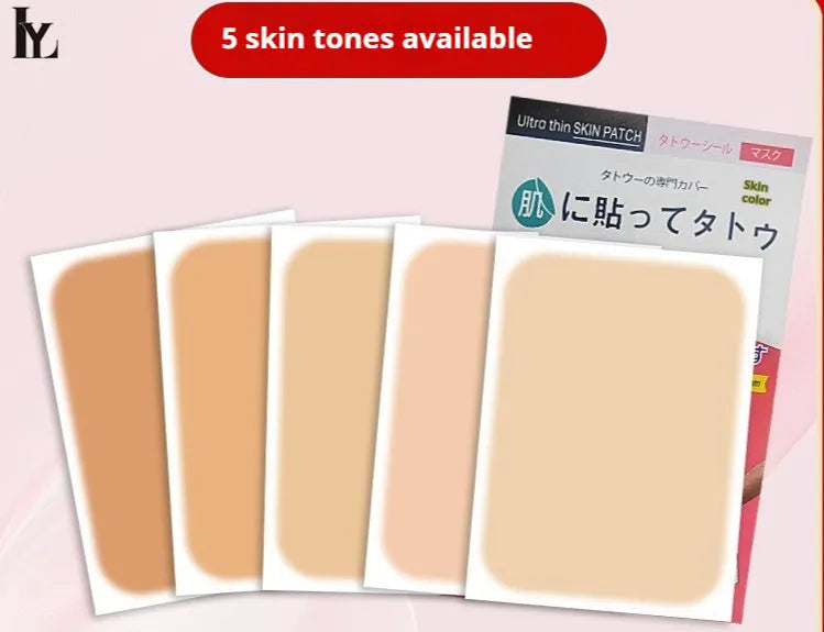 Pack of adhesive tattoo cover patches in various skin tone colours on a white background.