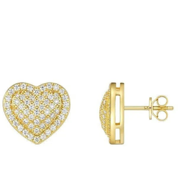 A pair of gold-coloured S925 sterling silver heart stud earrings with moissanite stones.
