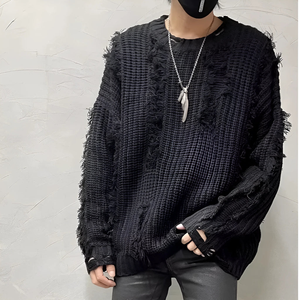 Niche retro tassel ripped design loose knit sweater pullover in black
