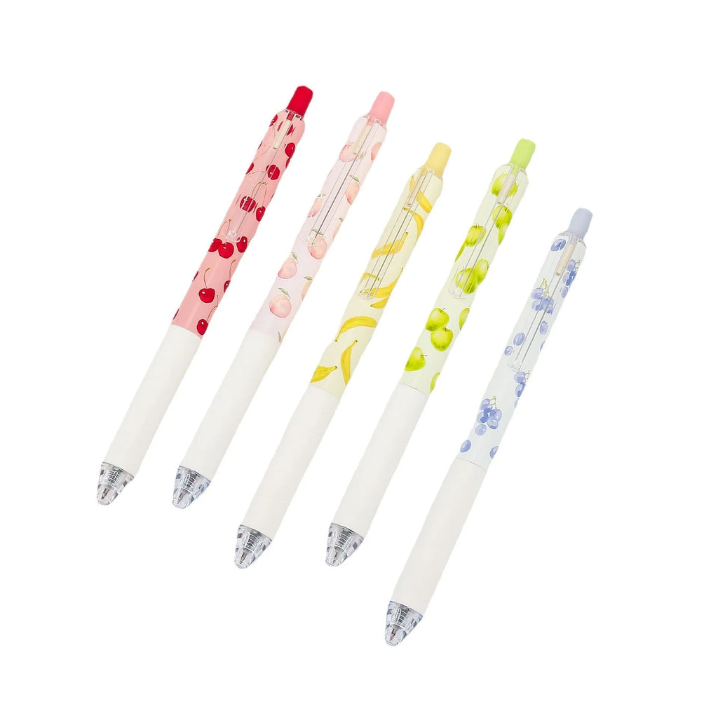 Three scented fruit pens with 0.5mm black ink and press mechanism on white background