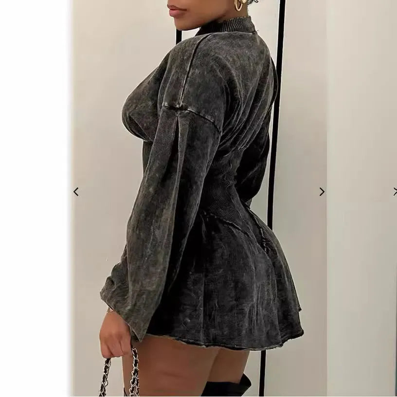 Grey digital printed A-line dress with drawstring waist adjustment and long sleeves