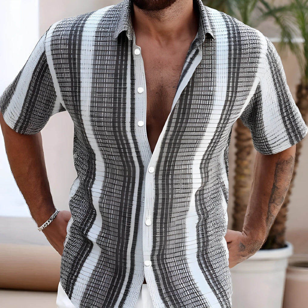 Men's slim fit short sleeve shirt with 3D floral print on polyester fabric