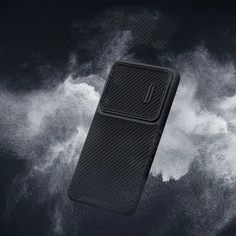 Black carbon fibre pattern phone case for Samsung S23 Ultra with rear lens cover closed.