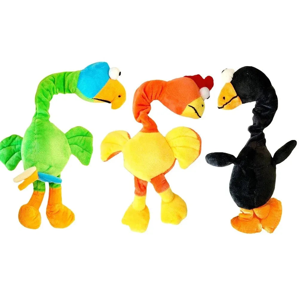 Squeaky screaming chicken dog chew toy in black, green, or orange colour