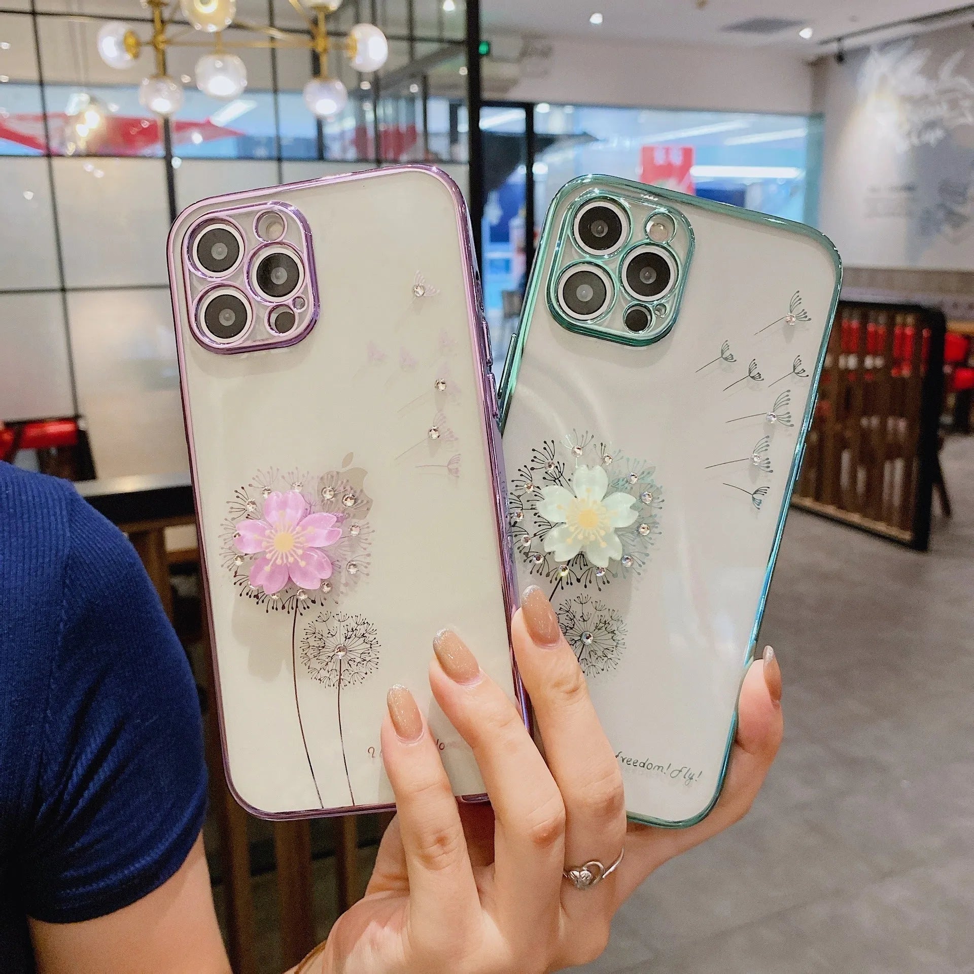 Green TPU phone case with 3D floral spin stand holder for iPhone models