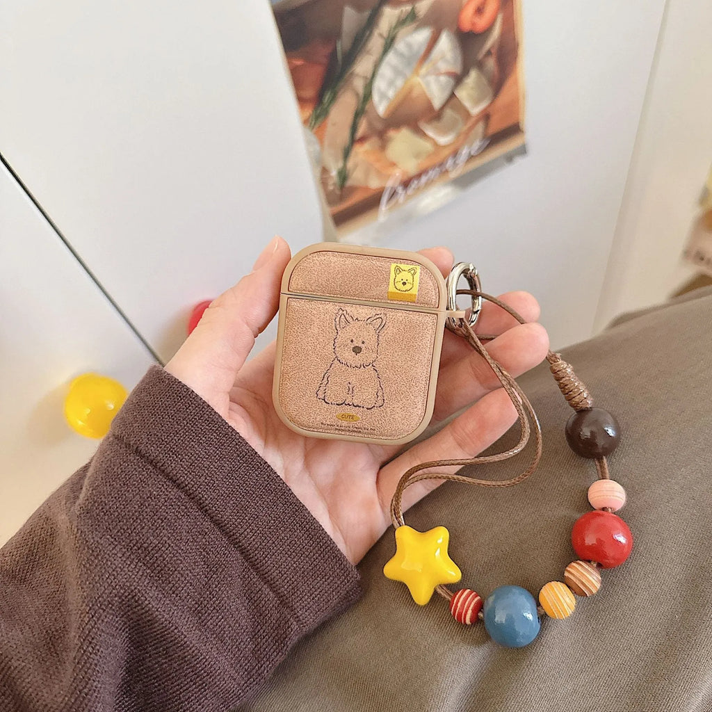 Brown dog magnetic TPU earphone sleeves for AirPods cases showing all-in-one design with lanyard clip
