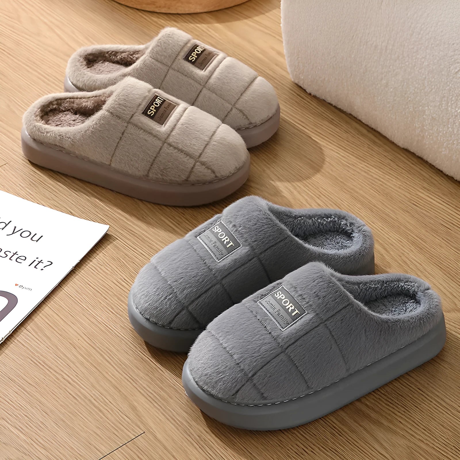 Men's grey and brown plaid rabbit hair slippers with thick wool lining and a flat EVA sole.
