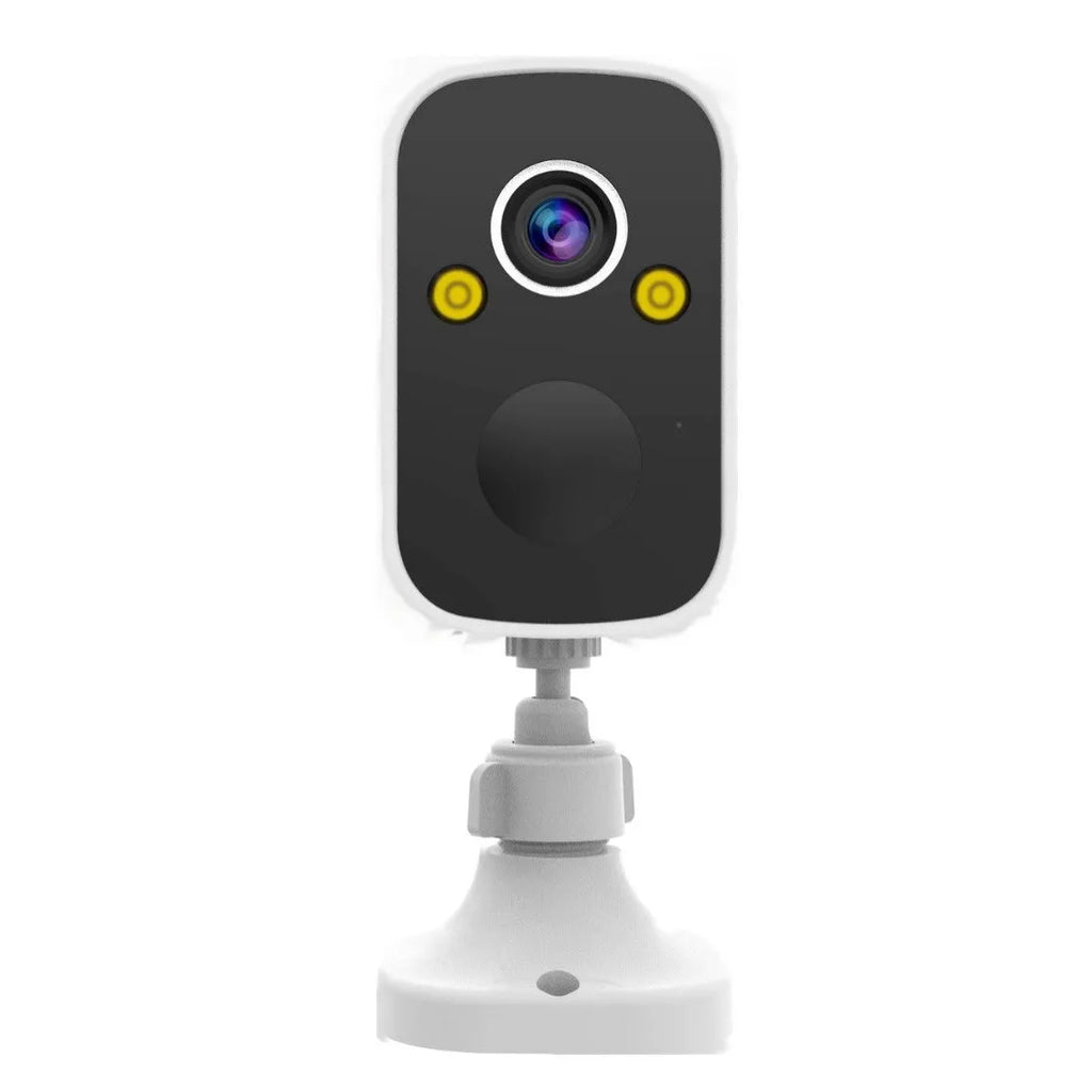 Battery-powered wireless indoor surveillance camera with WiFi connectivity and self-contained bracket