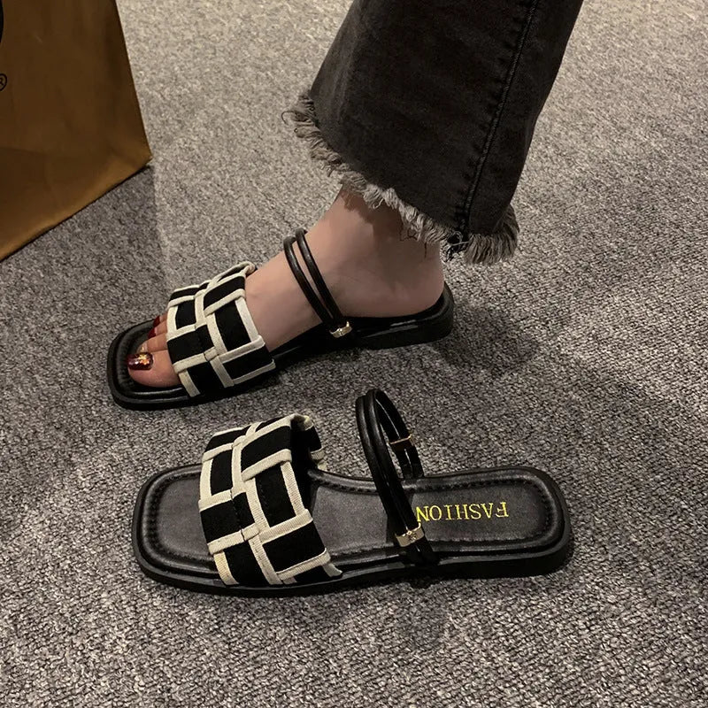 Women's square toe canvas check pattern flat sandals in beige with frosted finish, rubber sole, and leather lining