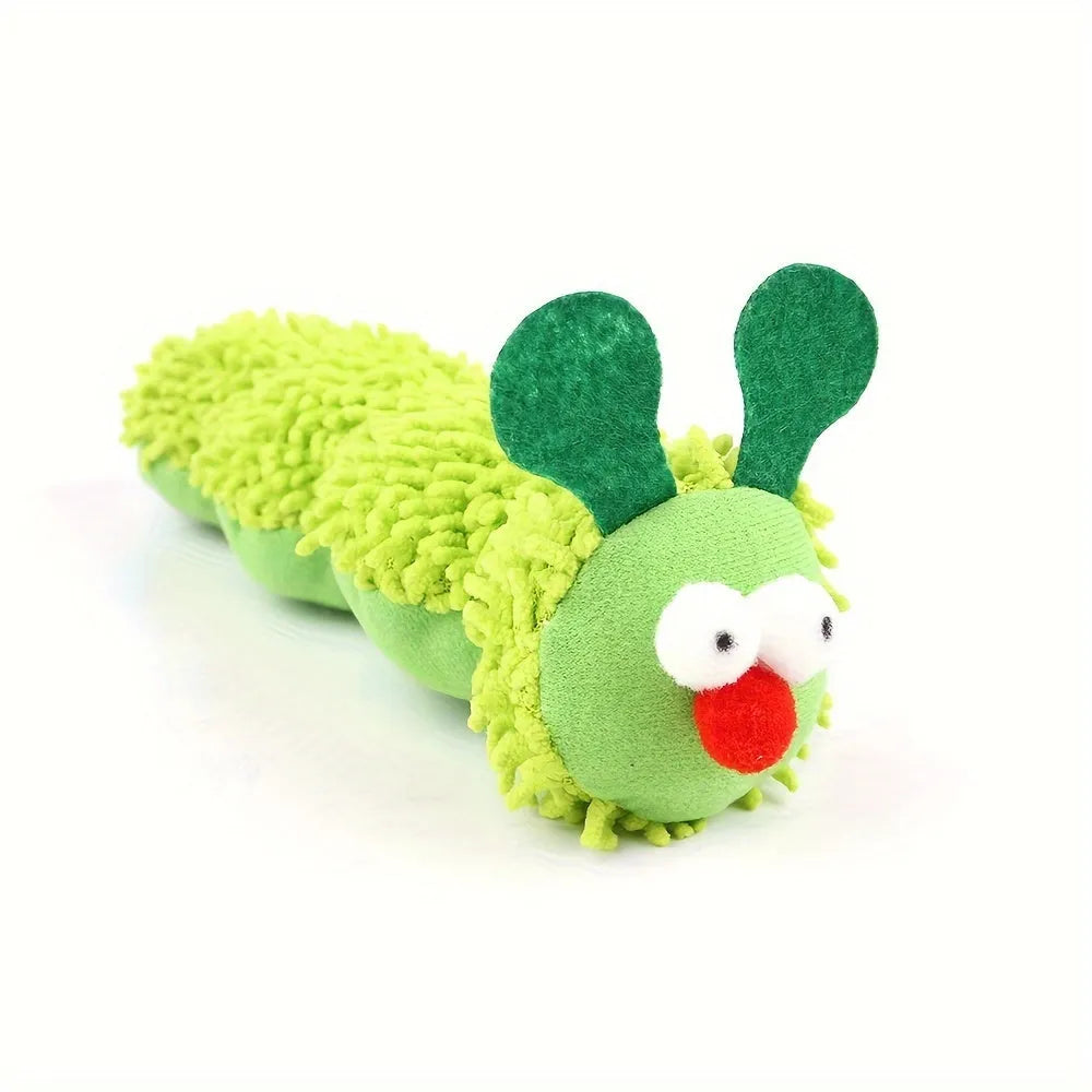 Green interactive plush cat toy pillow with rechargeable electronic mechanism, shown next to scale indicating 24 cm length.