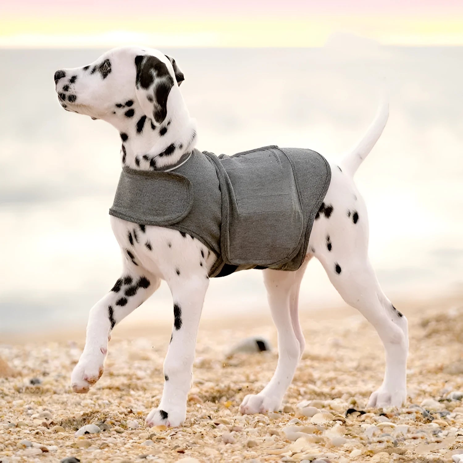 Heather grey dog anxiety jacket warm vest in brocade cotton ponte-de-roma fabric