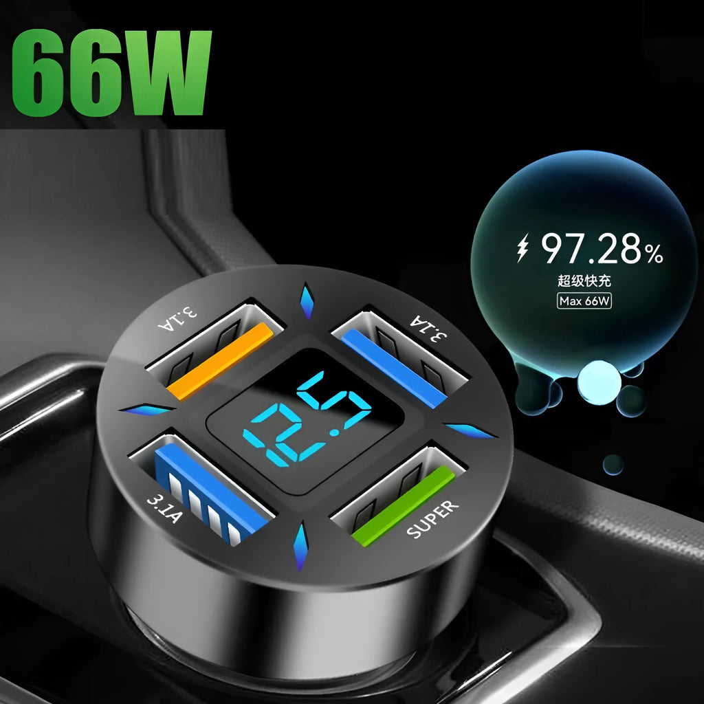Black four-port USB car charger with LED digital display for 12V and 24V vehicles.