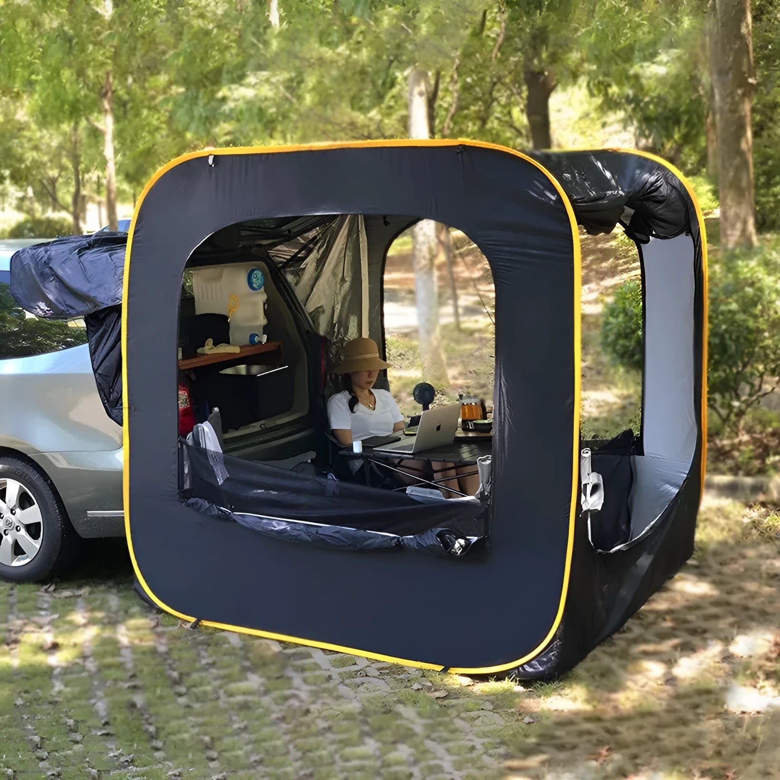 Black pop-up car tail tent with quick-throw design and steel jackstays showing 200cm cube dimensions