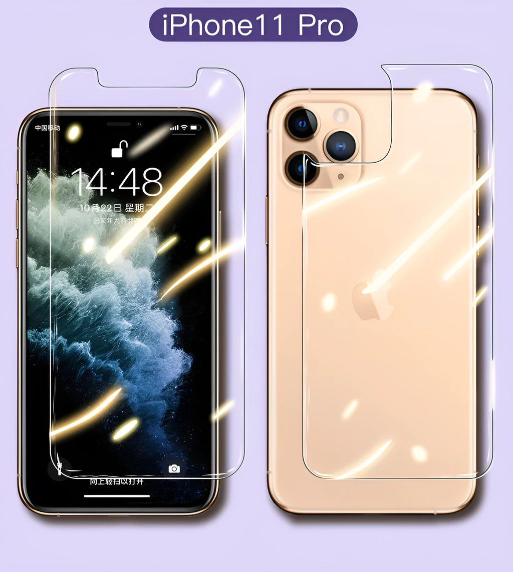 Tempered glass screen and rear protector films for Apple iPhone 11, X, and XS models.