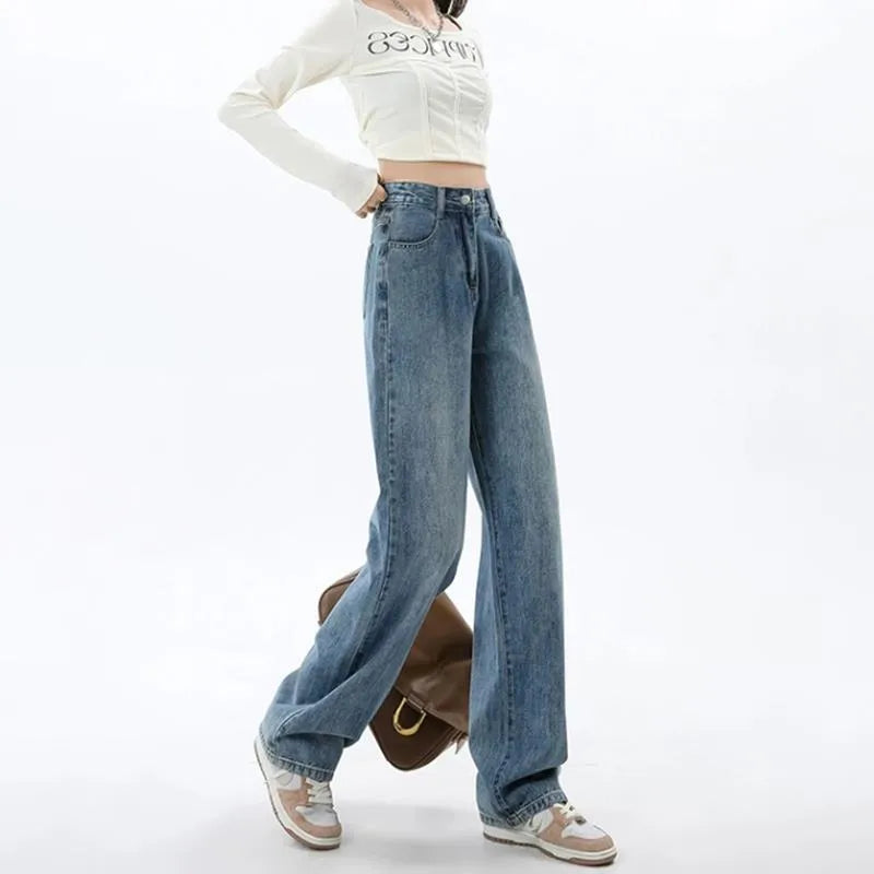 Women's retro blue wide leg jeans with high waist and straight leg cut