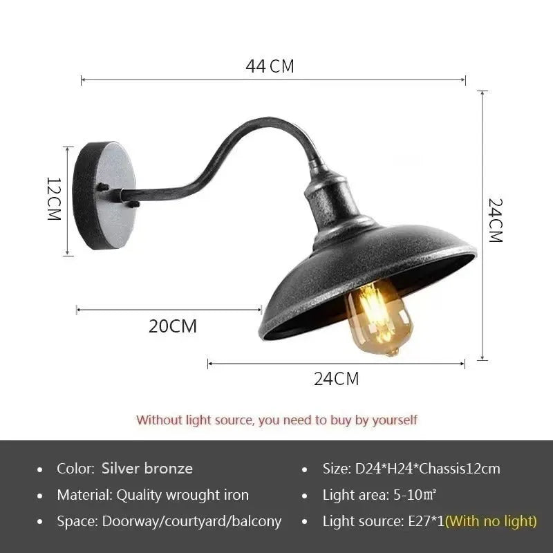 Retro style exterior wall lamp for villa courtyards in copper or silver finish with right angle or bevel mount options.