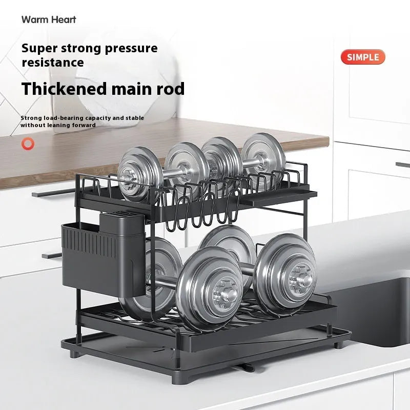 White double-layer kitchen draining rack with removable tray made from carbon steel