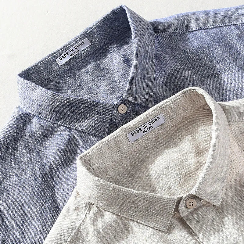 Men's light grey linen short sleeve shirt with a square collar, shown unbuttoned in a cardigan style.