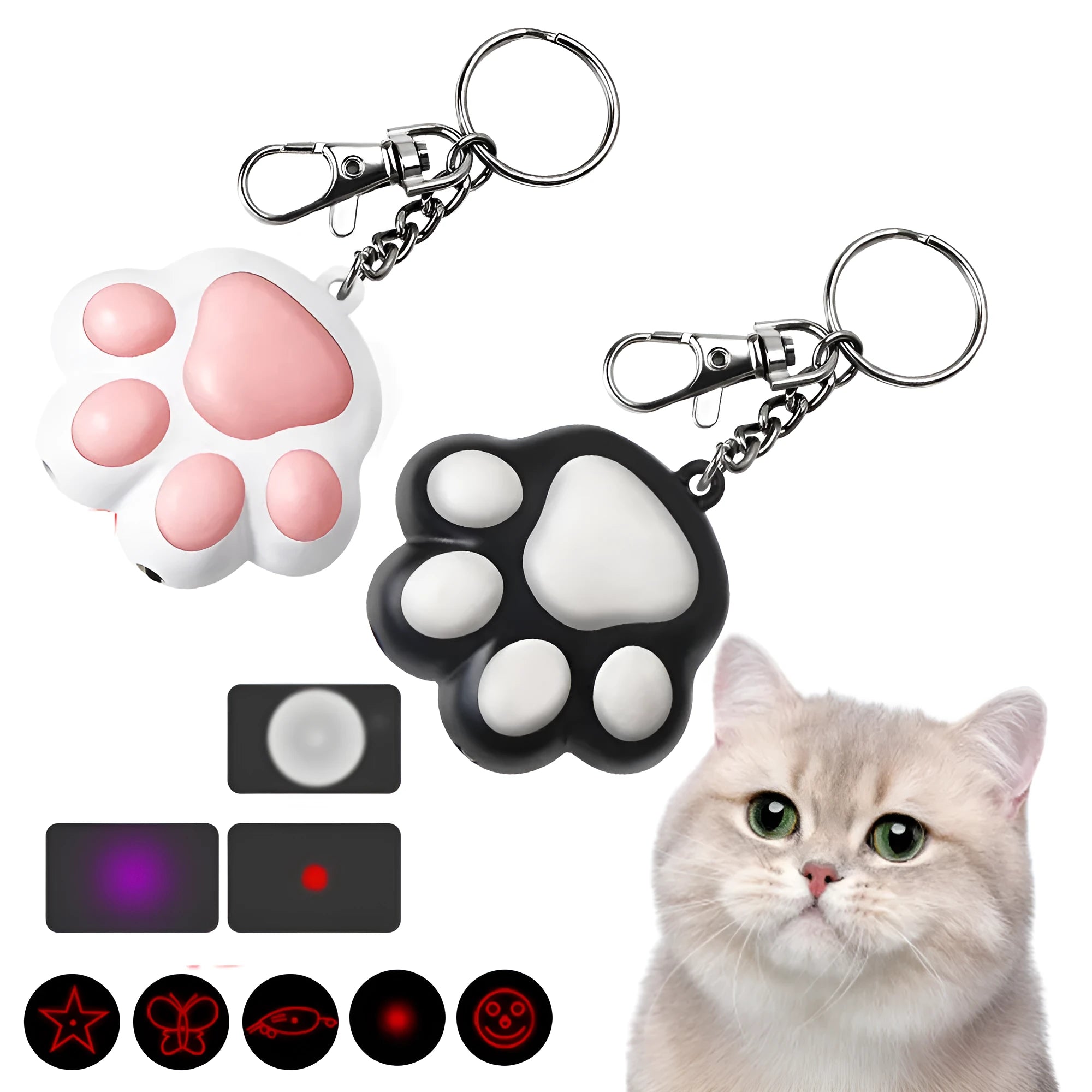 Pink and black USB rechargeable cat infrared teaser toy with keychain attachment
