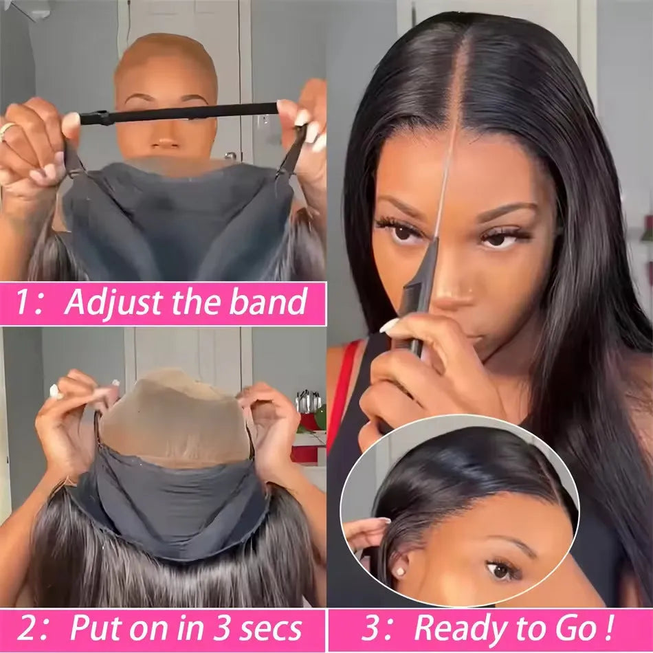 A woman wearing a long, straight black human hair glueless wig with side bangs.