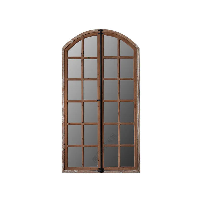 Terrace distressed log colour wooden framed fake window wall mirror, A316 style.