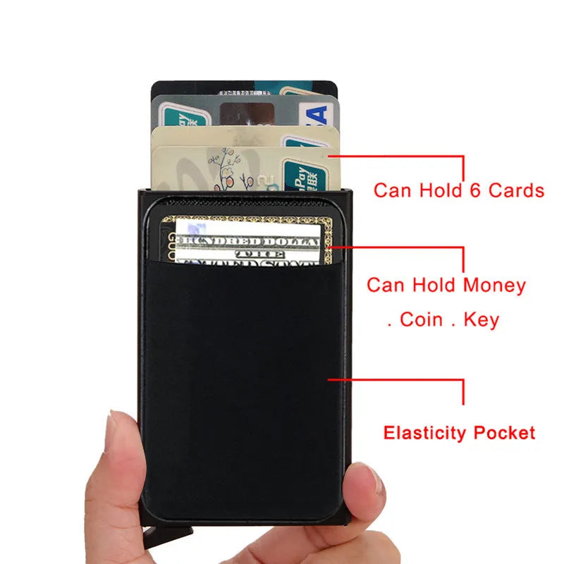 Aluminium alloy metal credit card holder in frosted finish showing eight colour options including rose gold and silver