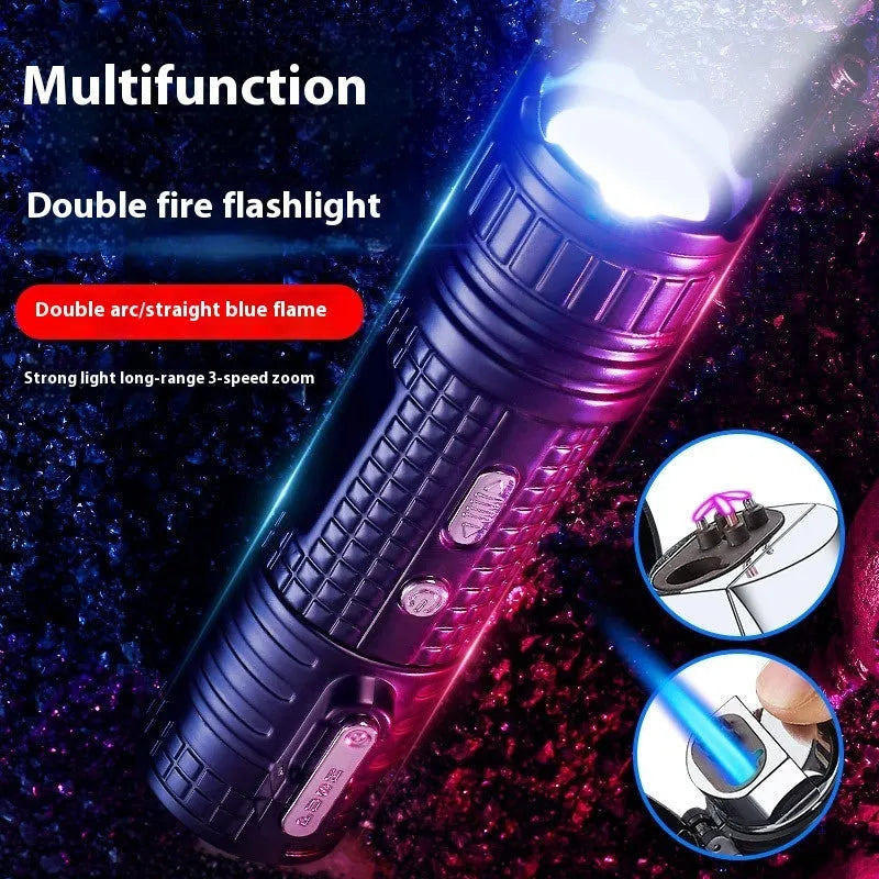 TH727 multifunction metal flashlight lighter shown in camouflage, red, black, blue, and yellow colour options.