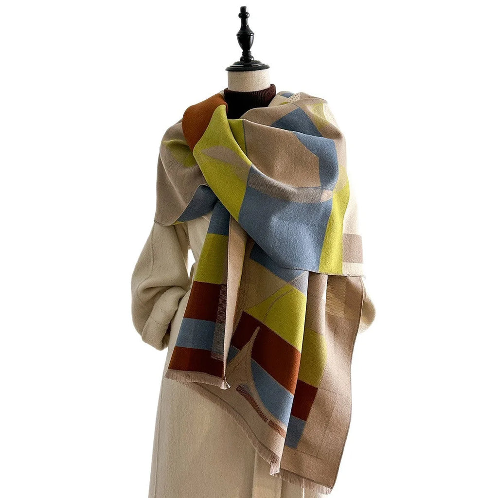 Long beige imitation cashmere scarf draped to show 185cm length and texture