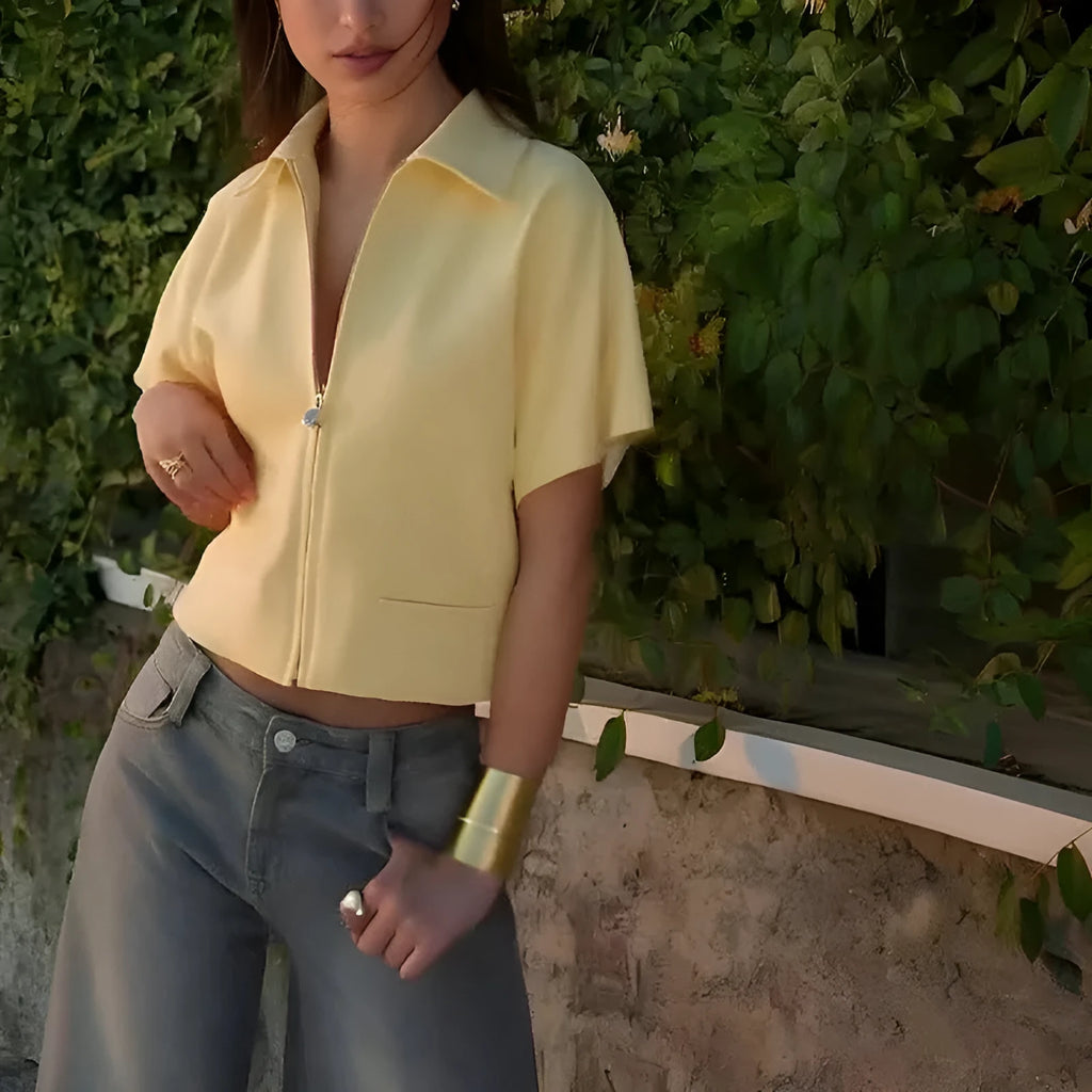 Women's loose fit casual polyester top in white, black, or yellow with short sleeves and Asian sizing options