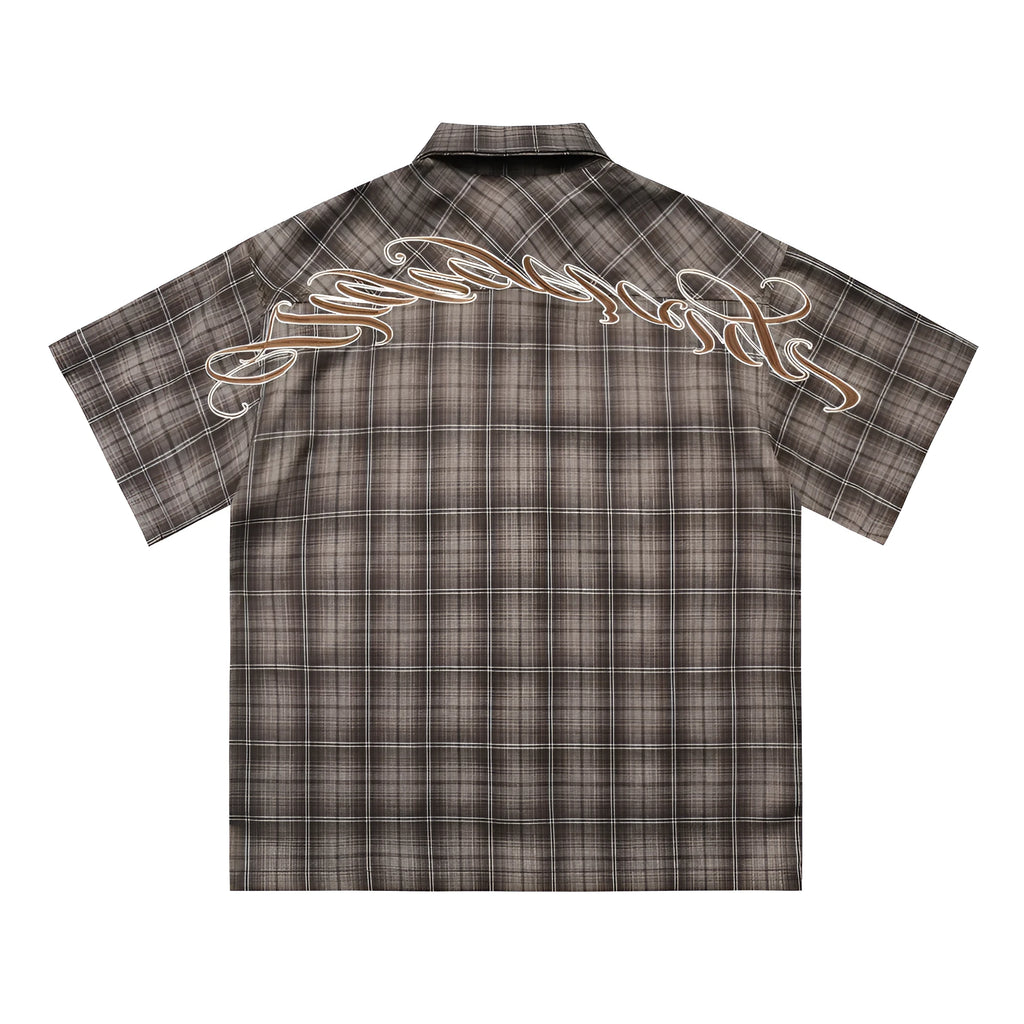 Men's black and brown plaid short sleeve shirt with embroidered letter on lapel