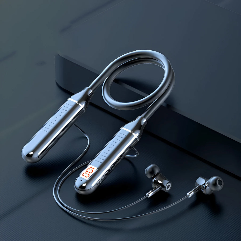 Black wireless sports Bluetooth headset with neckband design, showing power display screen.