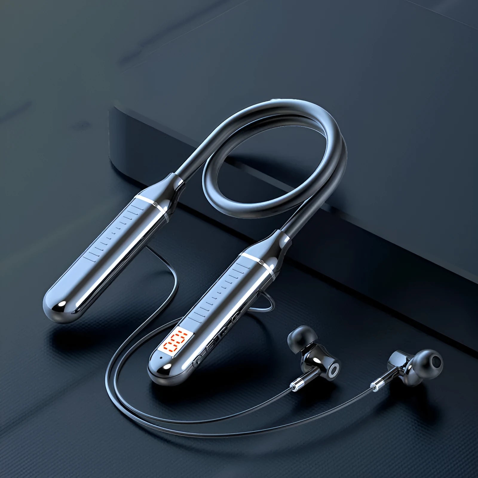 Black wireless sports Bluetooth headset with neckband design, showing power display screen.