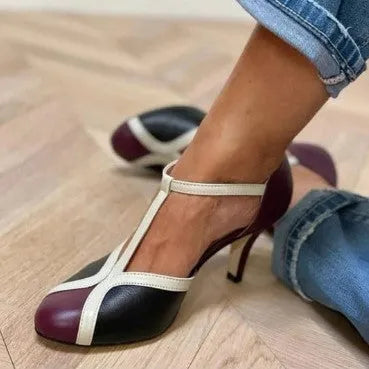 Women's round toe high heel shoe with button fastening in light blue pink, blue rose red, and wine red black colour options.