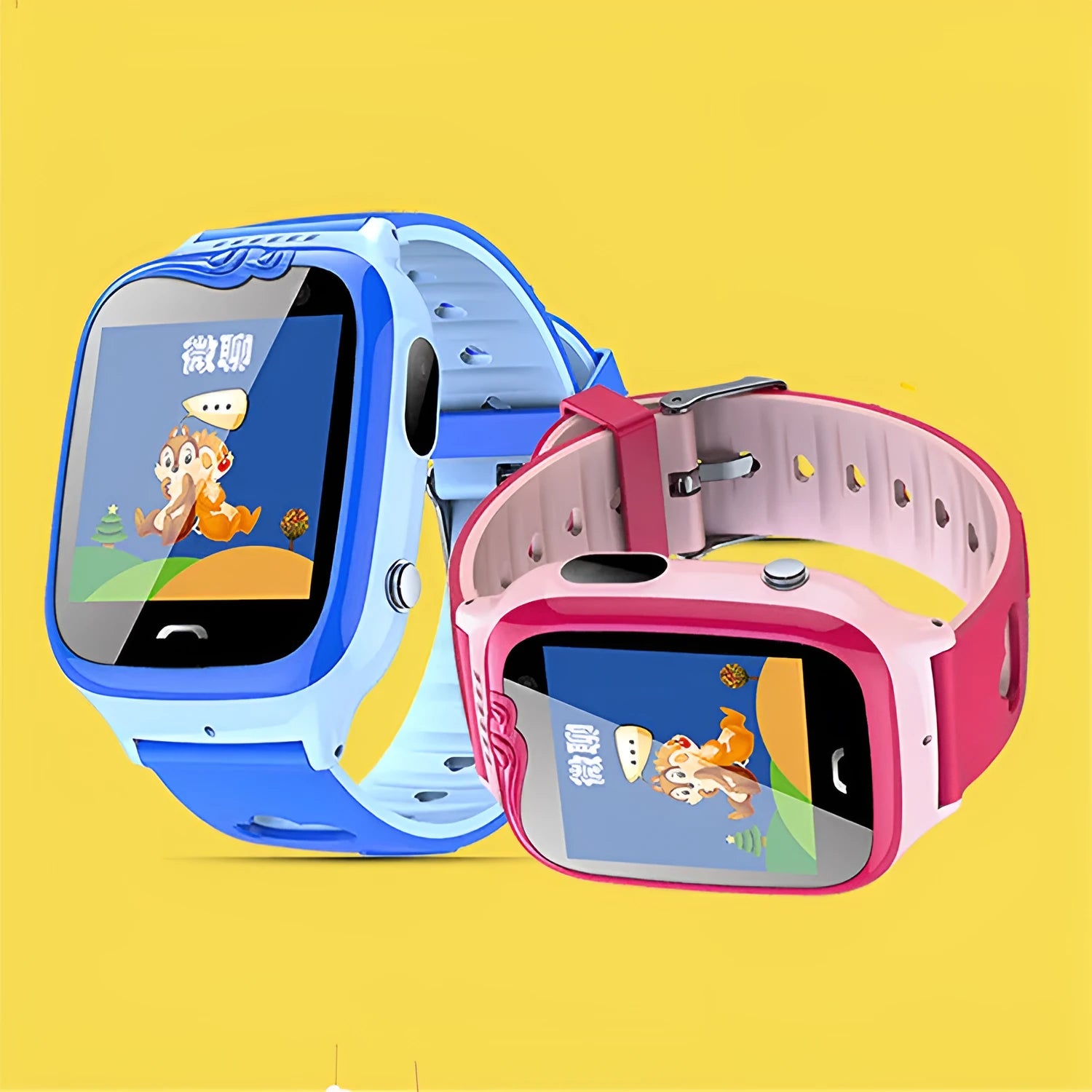 Children's smart phone watch with pink silicone strap showing HD touchscreen and positioning features
