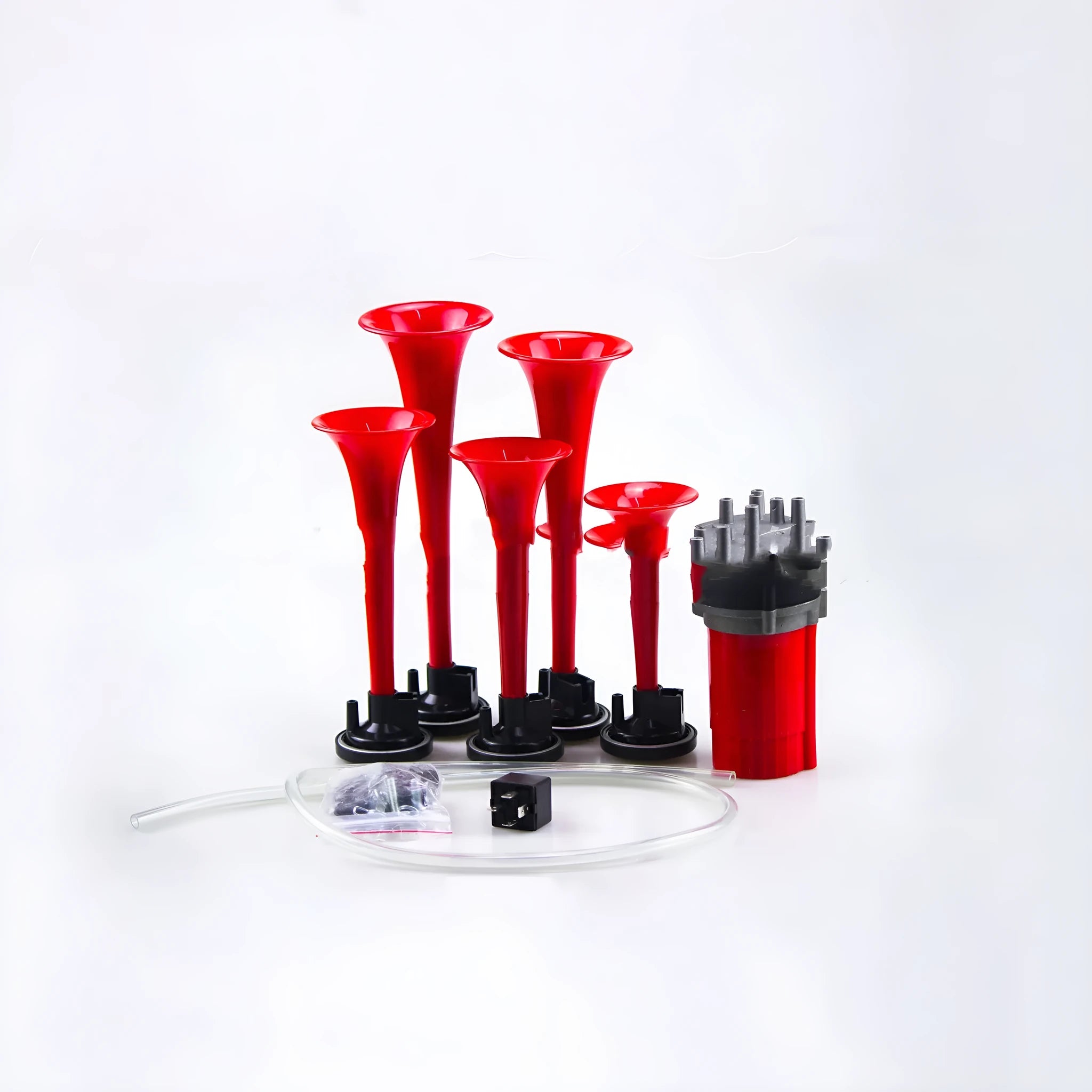 TZ-329 5-tube electric air horn for 12V vehicles, available in red, black, and white colours