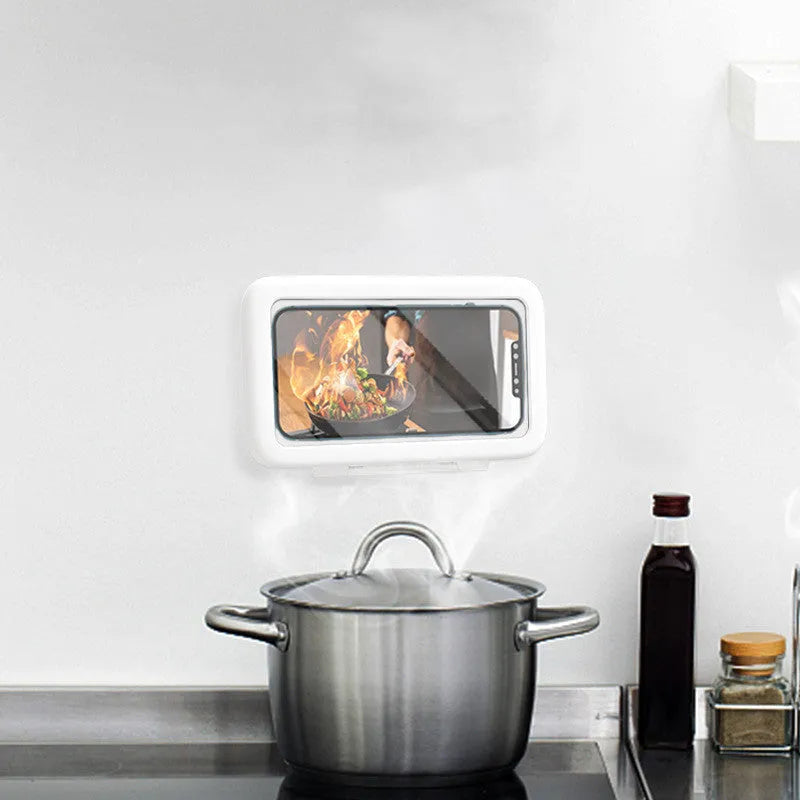 Waterproof phone holder mounted on bathroom tile showing mobile phone visible through anti-fog window