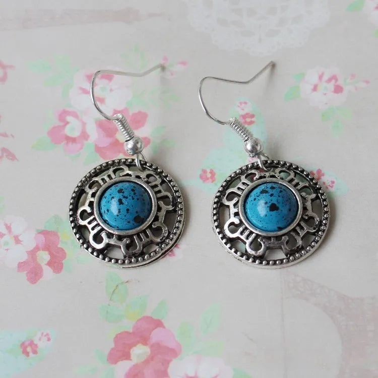 Miao silver geometric flower disk earrings with totem patterns in red, blue or black