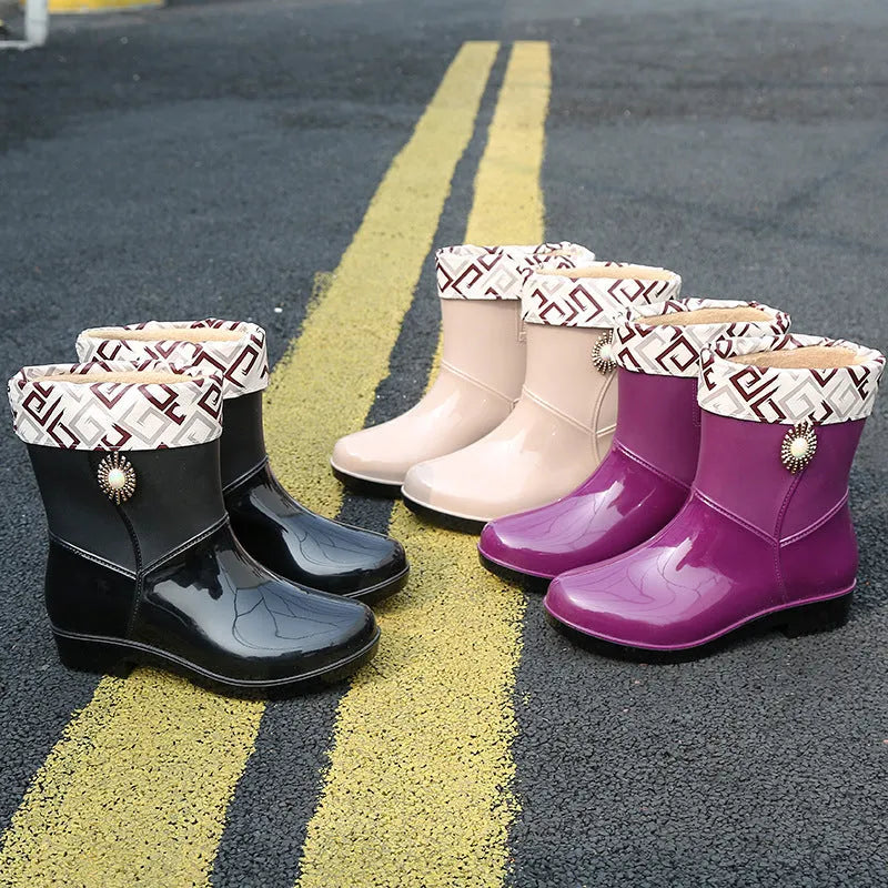 Women's PVC rain boots in beige colour with low tube design and non-slip soles
