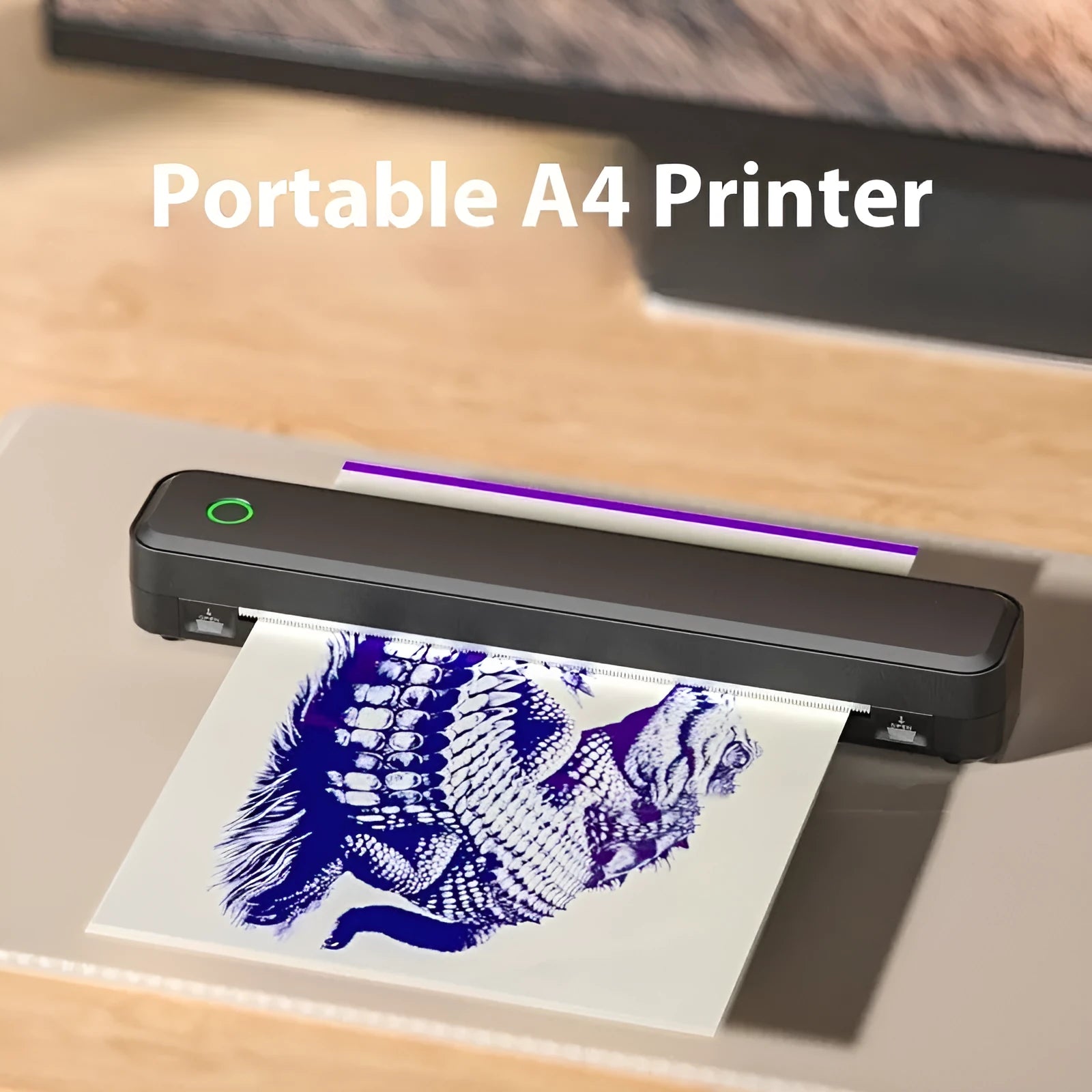Bluetooth thermal printer for mobile phones in black or white, 295mm x 55mm x 41mm dimensions