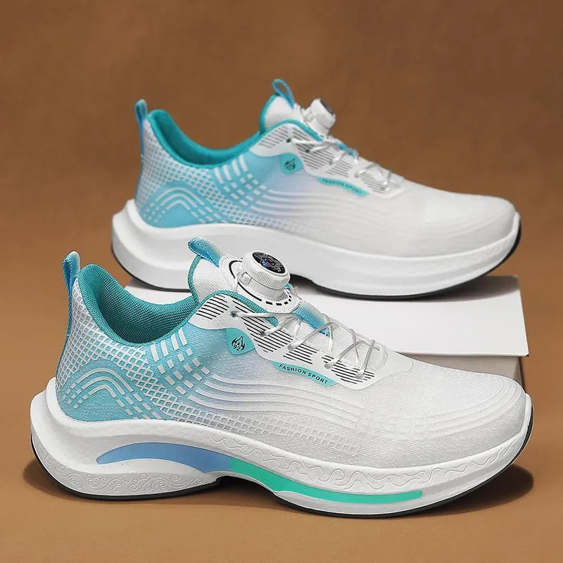 Men's white and blue low-top mesh sneakers with a rotating buckle and rubber sole.
