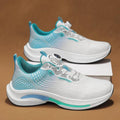 Men's white and blue low-top mesh sneakers with a rotating buckle and rubber sole.