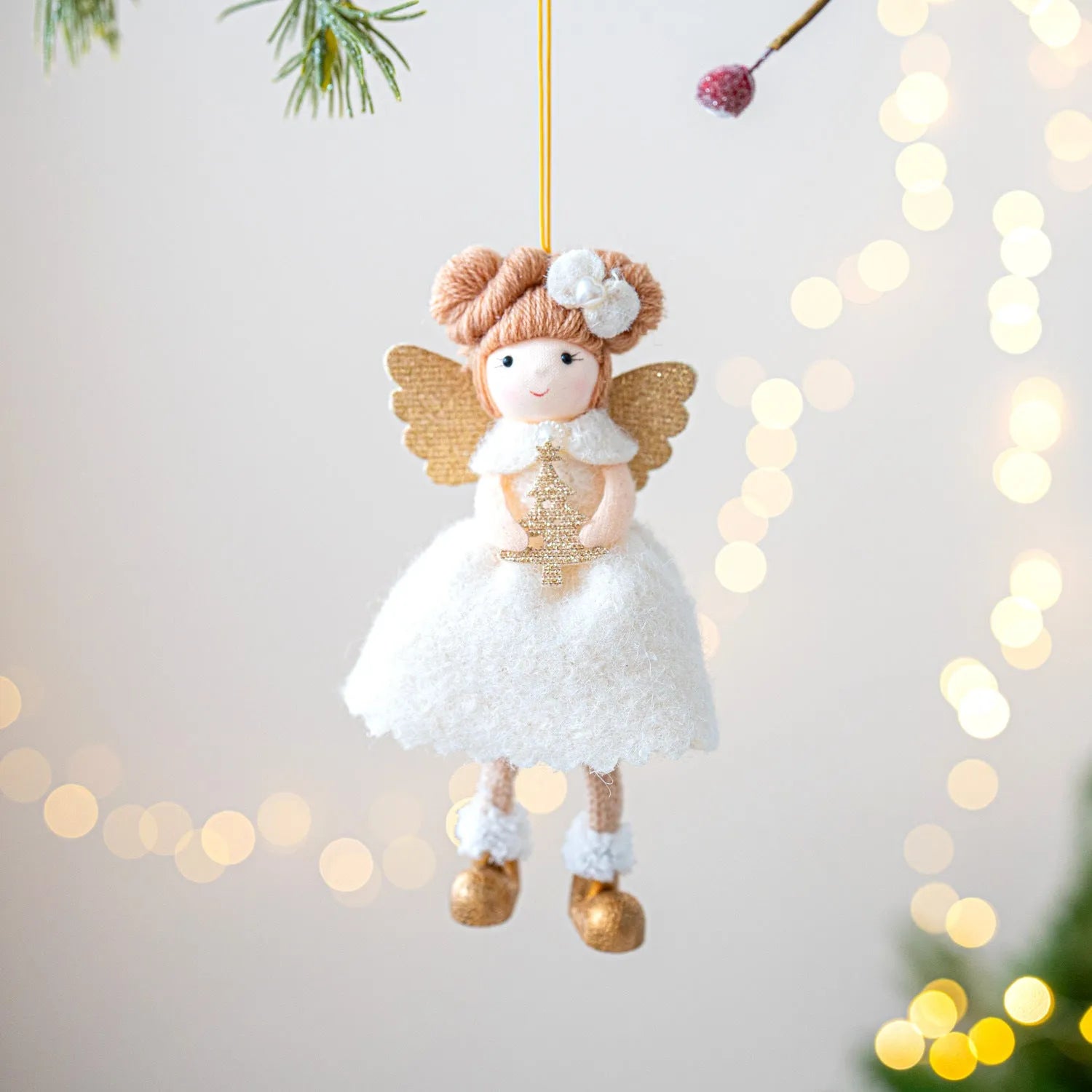 Pink and white cloth angel wings plush pendant Christmas ornament.