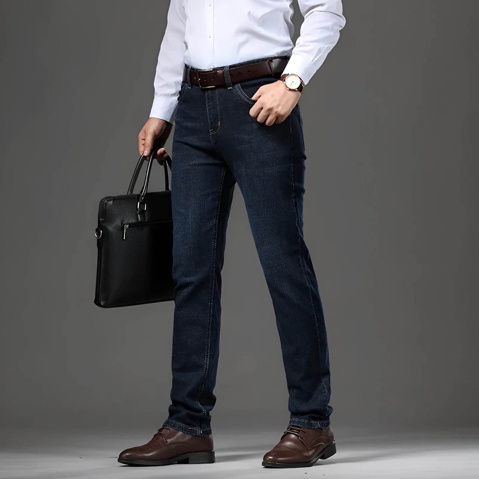 Man wearing straight-leg black stretch denim jeans with a mid waist and zip fly.