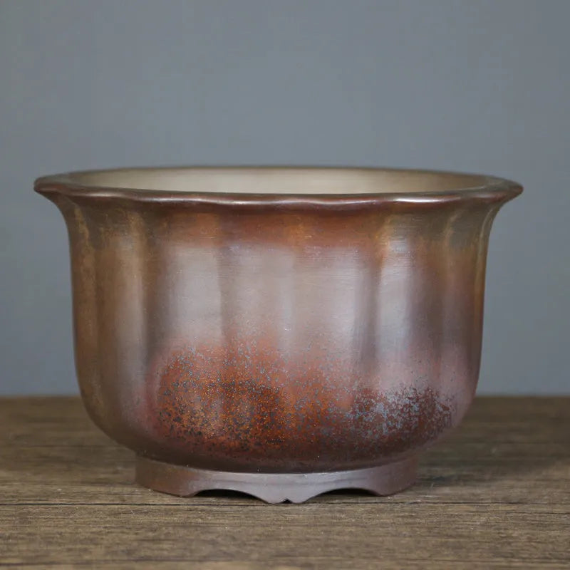 Antique carved purple sand ceramic flowerpot with wood burning finish