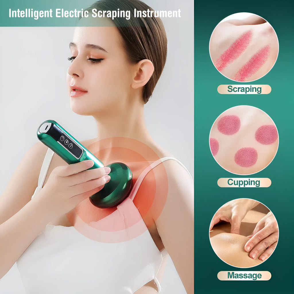 Green electric vacuum cupping massager with infrared heating and adjustable suction controls