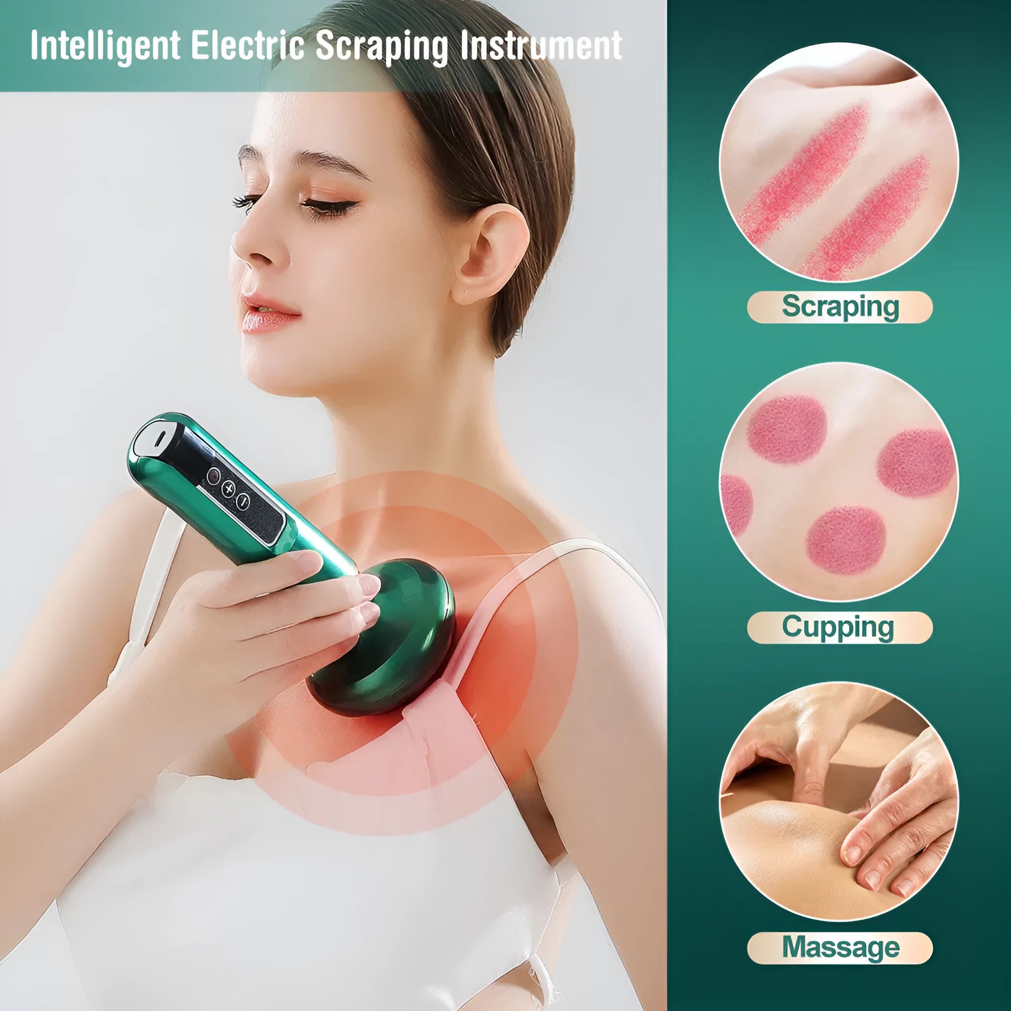 Green electric vacuum cupping massager with infrared heating and adjustable suction controls