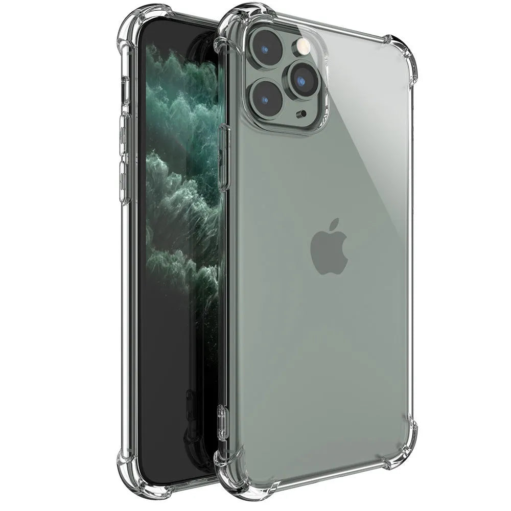 Transparent shockproof TPU phone case for Apple iPhone showing clear protective coverage